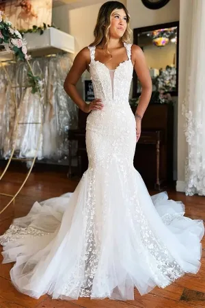 Gorgeous Ivory Tulle Mermaid V-neck Lace Appliqued Wedding Dresses, MW1002