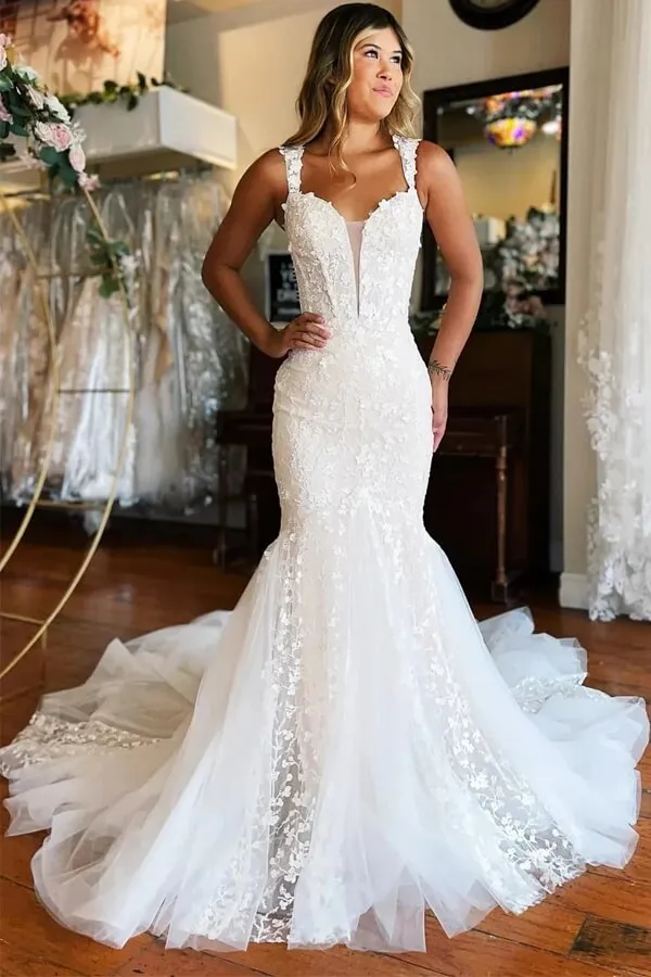 Gorgeous Ivory Tulle Mermaid V-neck Lace Appliqued Wedding Dresses, MW1002