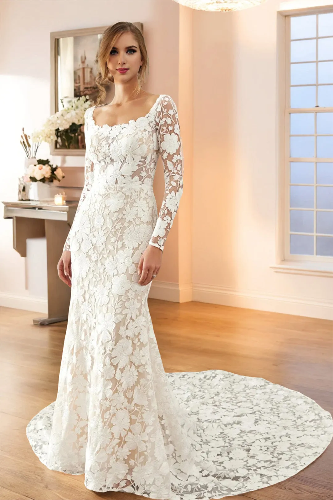 Gorgeous Lace Sweep Train Ivory Wedding Dress with Detachable Sleeves