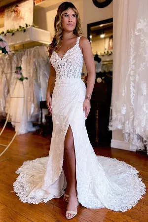 Gorgeous Mermaid Backless V-neck Lace Appliques Wedding Dresses, MW1018