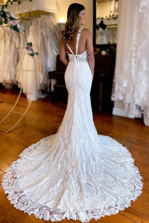 Gorgeous Mermaid Backless V-neck Lace Appliques Wedding Dresses, MW1018