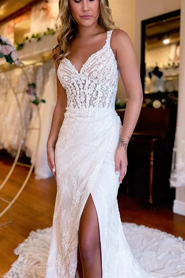 Gorgeous Mermaid Backless V-neck Lace Appliques Wedding Dresses, MW1018