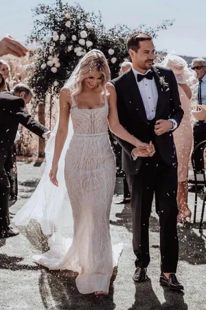 Gorgeous Mermaid Sleeveless Spaghetti Straps Lace Wedding Dresses, MW795
