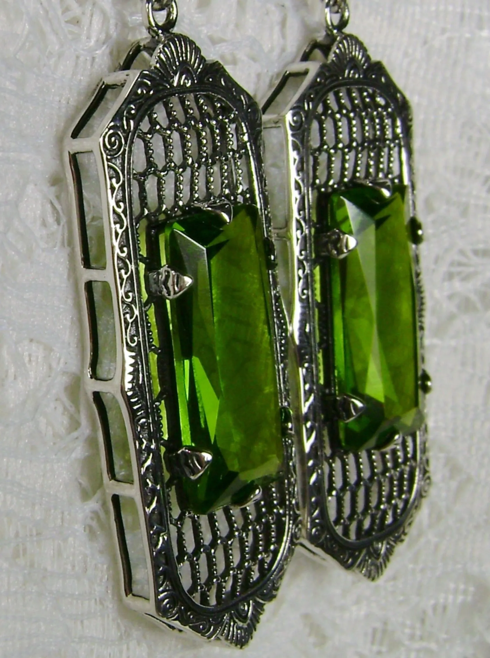 Green Peridot Earrings, Baguette Gem, 1930s Reproduction Art Deco Jewelry, Design E16