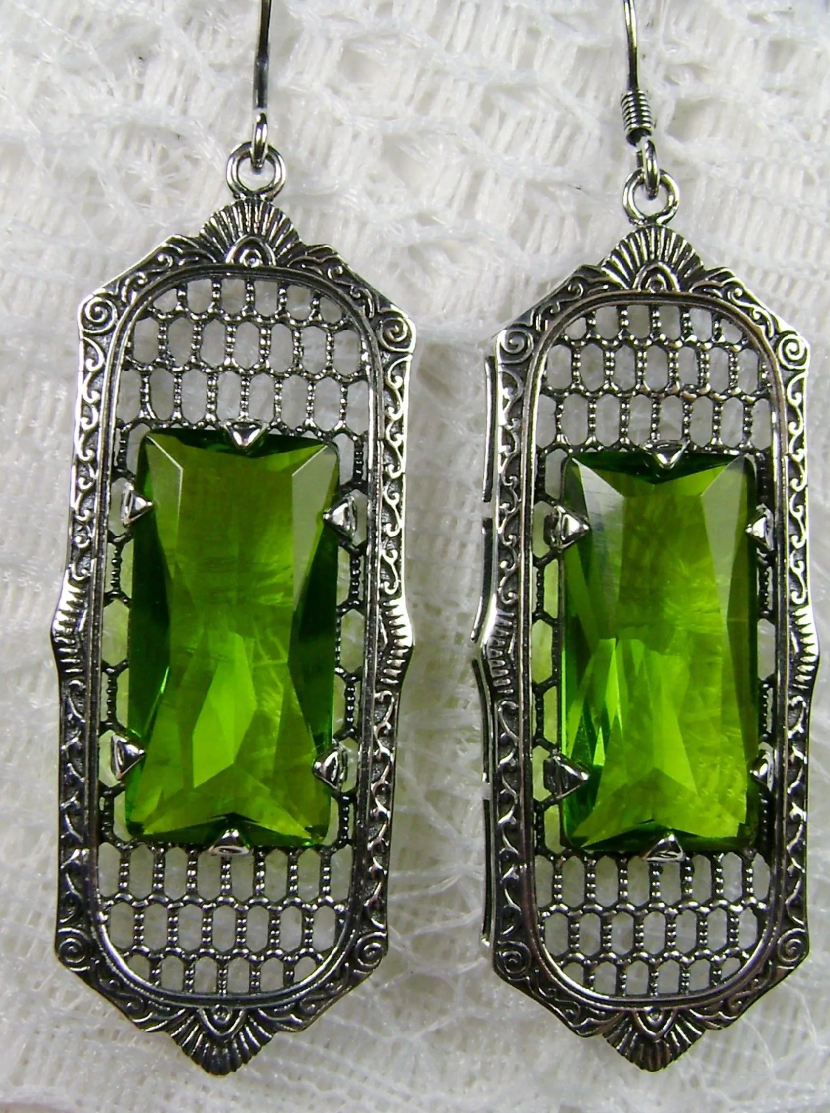Green Peridot Earrings, Baguette Gem, 1930s Reproduction Art Deco Jewelry, Design E16