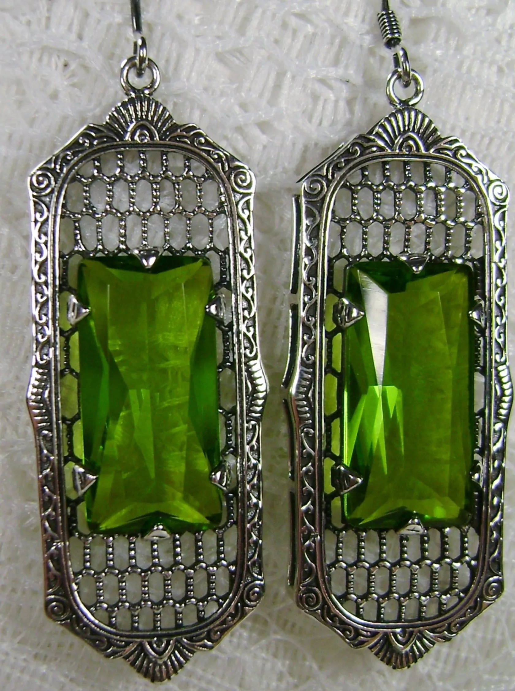 Green Peridot Earrings, Baguette Gem, 1930s Reproduction Art Deco Jewelry, Design E16