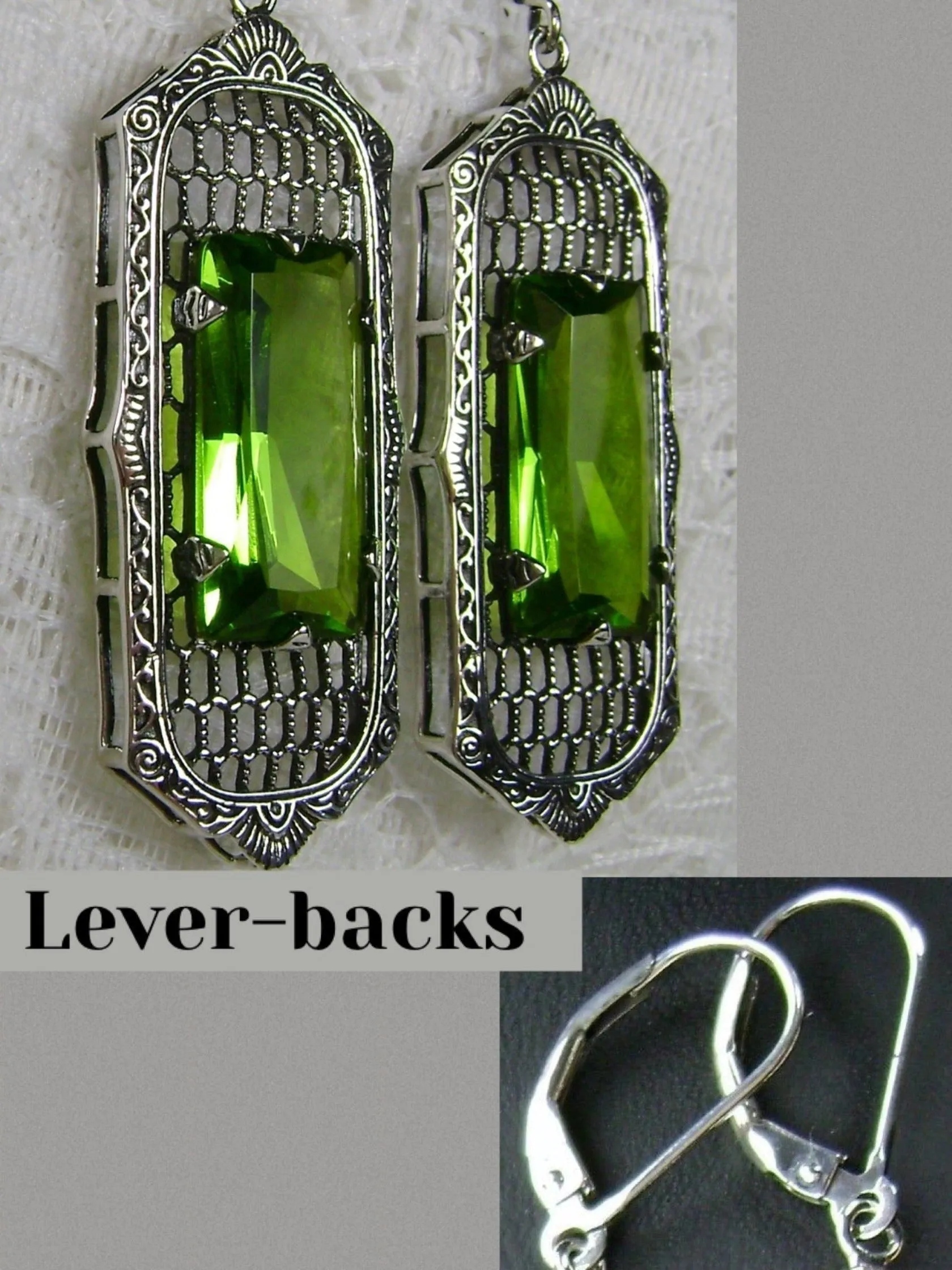 Green Peridot Earrings, Baguette Gem, 1930s Reproduction Art Deco Jewelry, Design E16