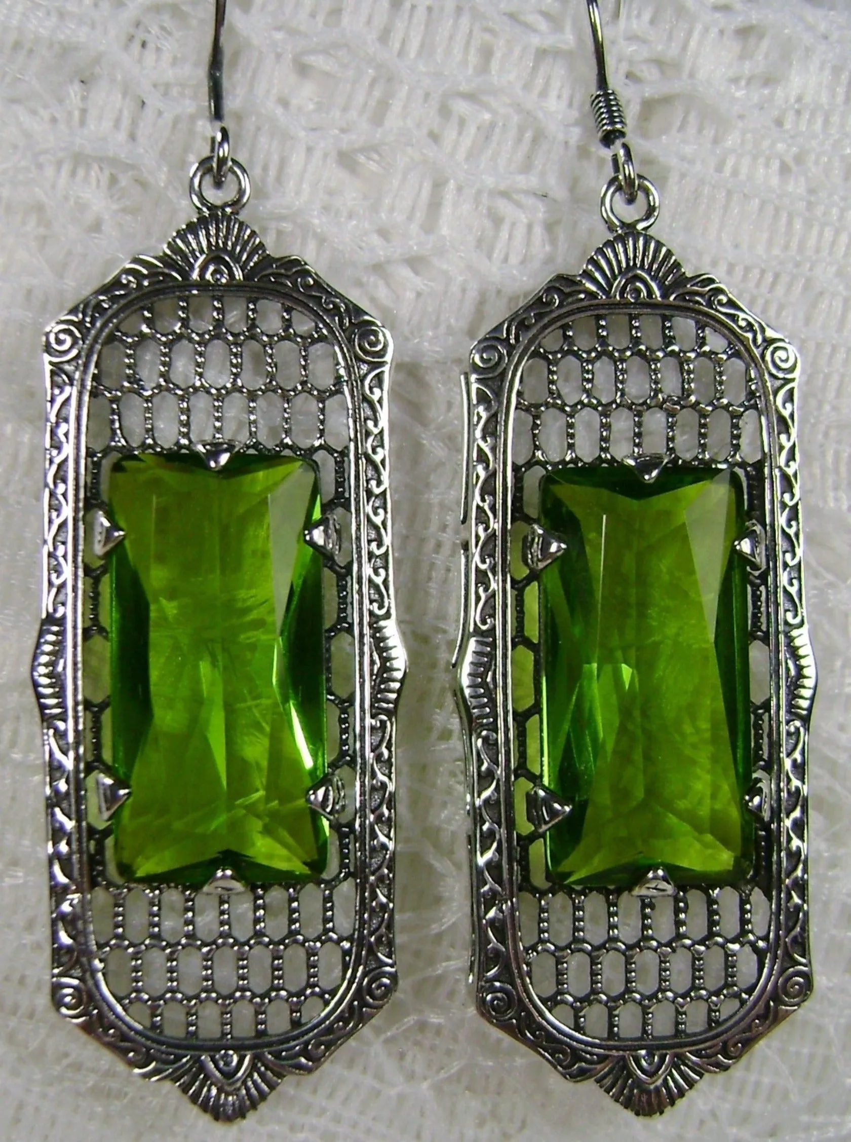 Green Peridot Earrings, Baguette Gem, 1930s Reproduction Art Deco Jewelry, Design E16