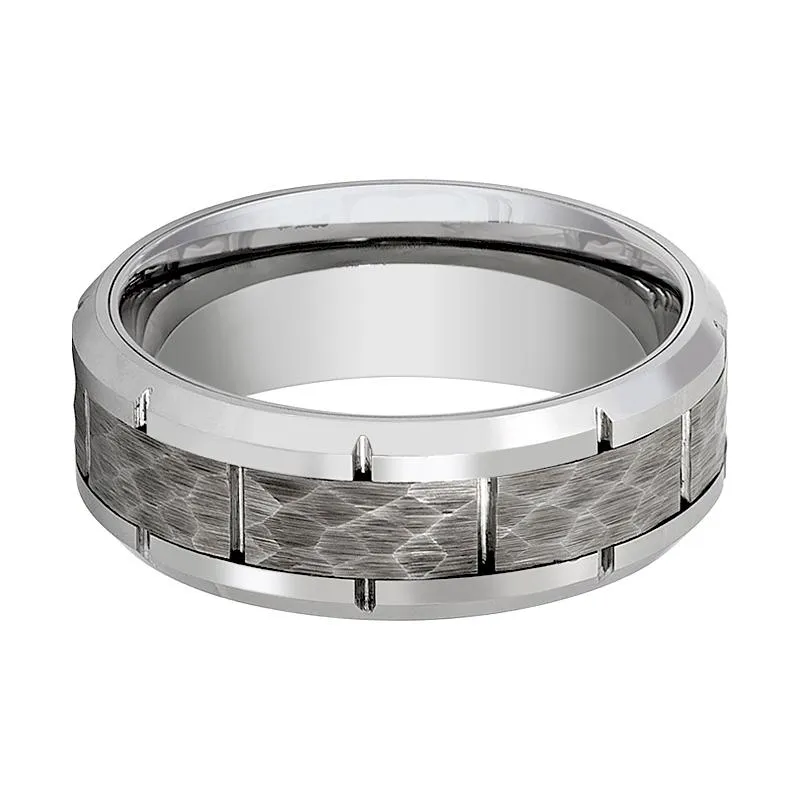 GURNEY | Silver Tungsten Ring, Hammered, Notches, Beveled