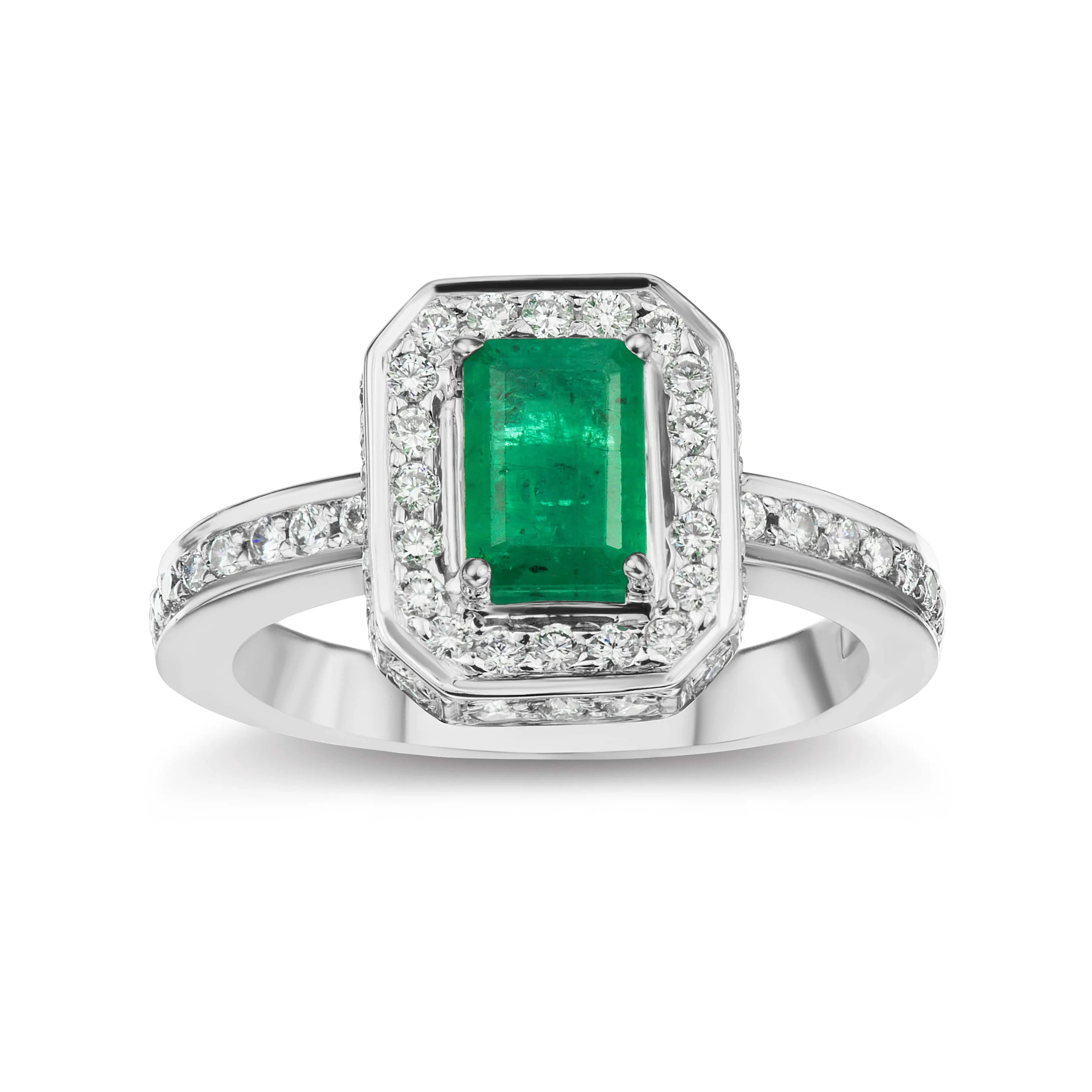 Halo Diamond Emerald Cocktail Ring in White or Yellow Gold
