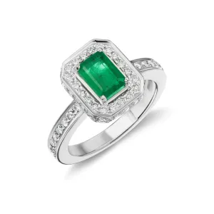 Halo Diamond Emerald Cocktail Ring in White or Yellow Gold