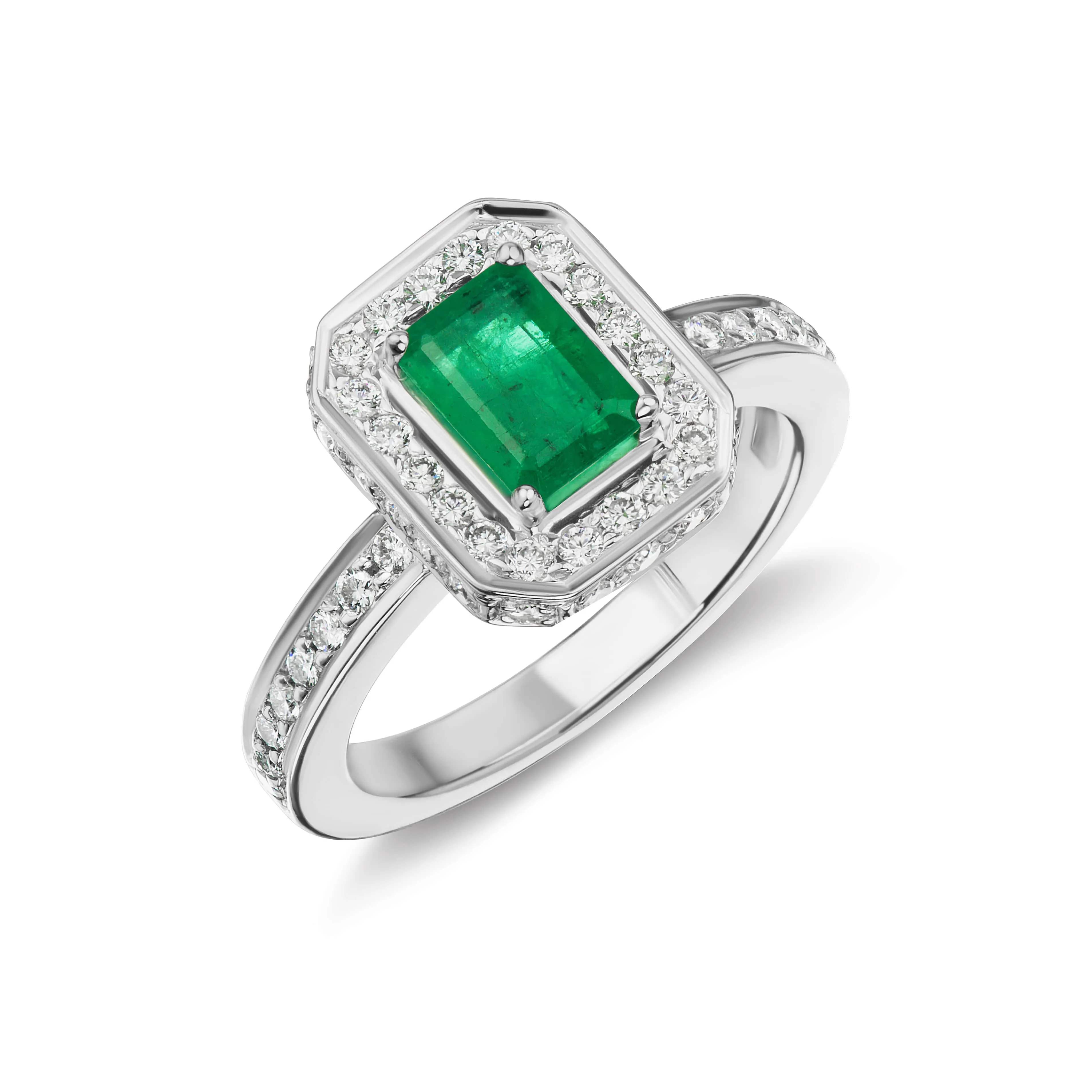 Halo Diamond Emerald Cocktail Ring in White or Yellow Gold