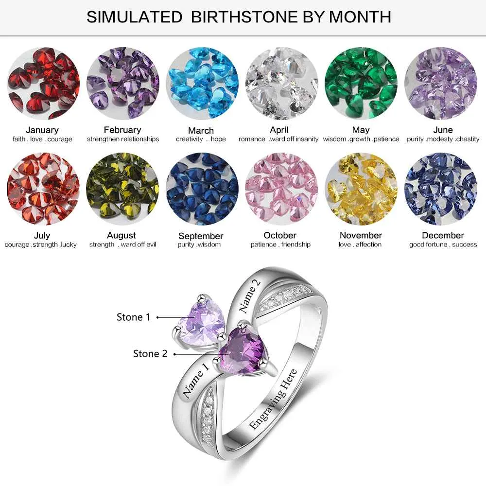 Heart-shaped Personalized 925 Sterling Silver Ring Engraved with Birthstone, Gift of Love