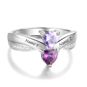 Heart-shaped Personalized 925 Sterling Silver Ring Engraved with Birthstone, Gift of Love