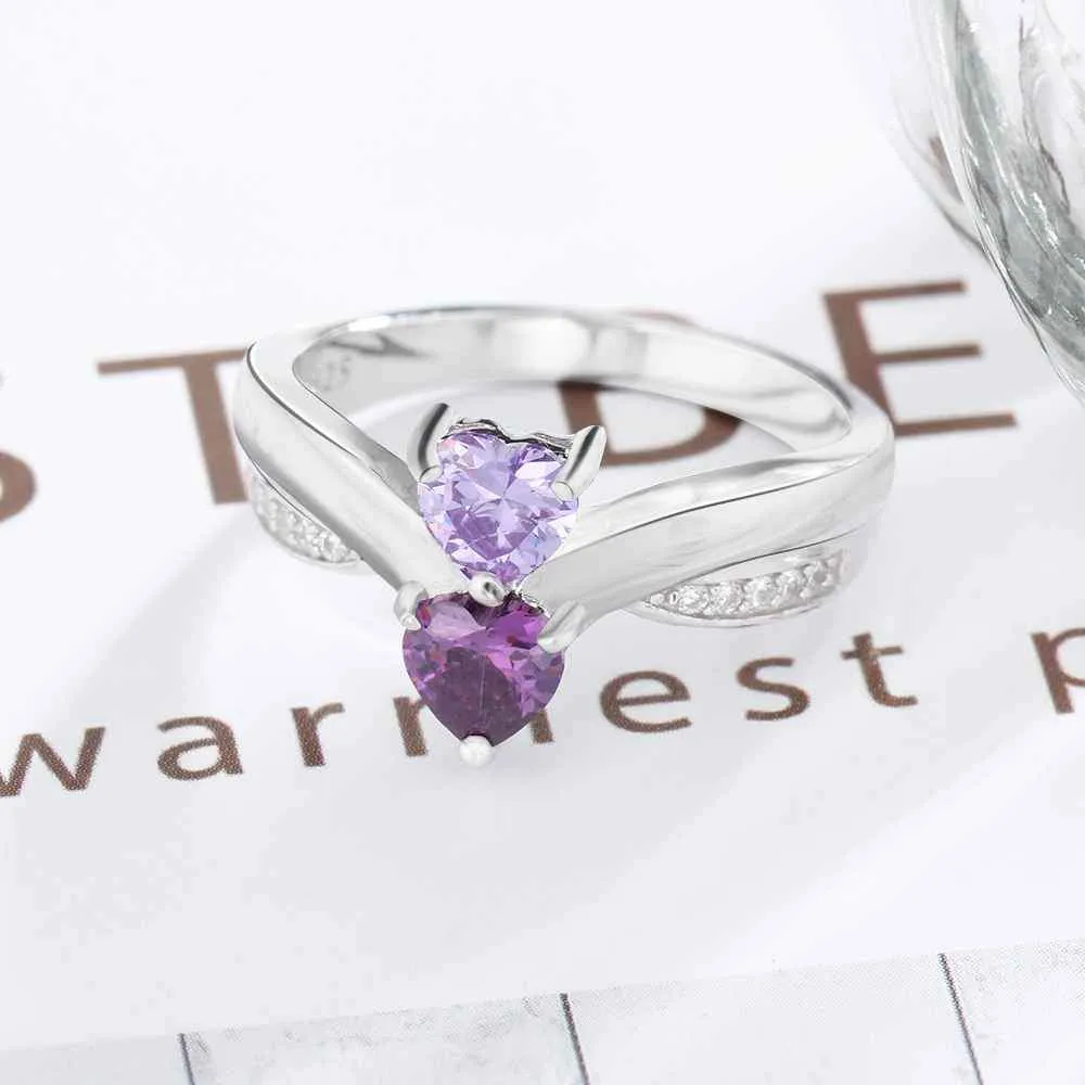 Heart-shaped Personalized 925 Sterling Silver Ring Engraved with Birthstone, Gift of Love