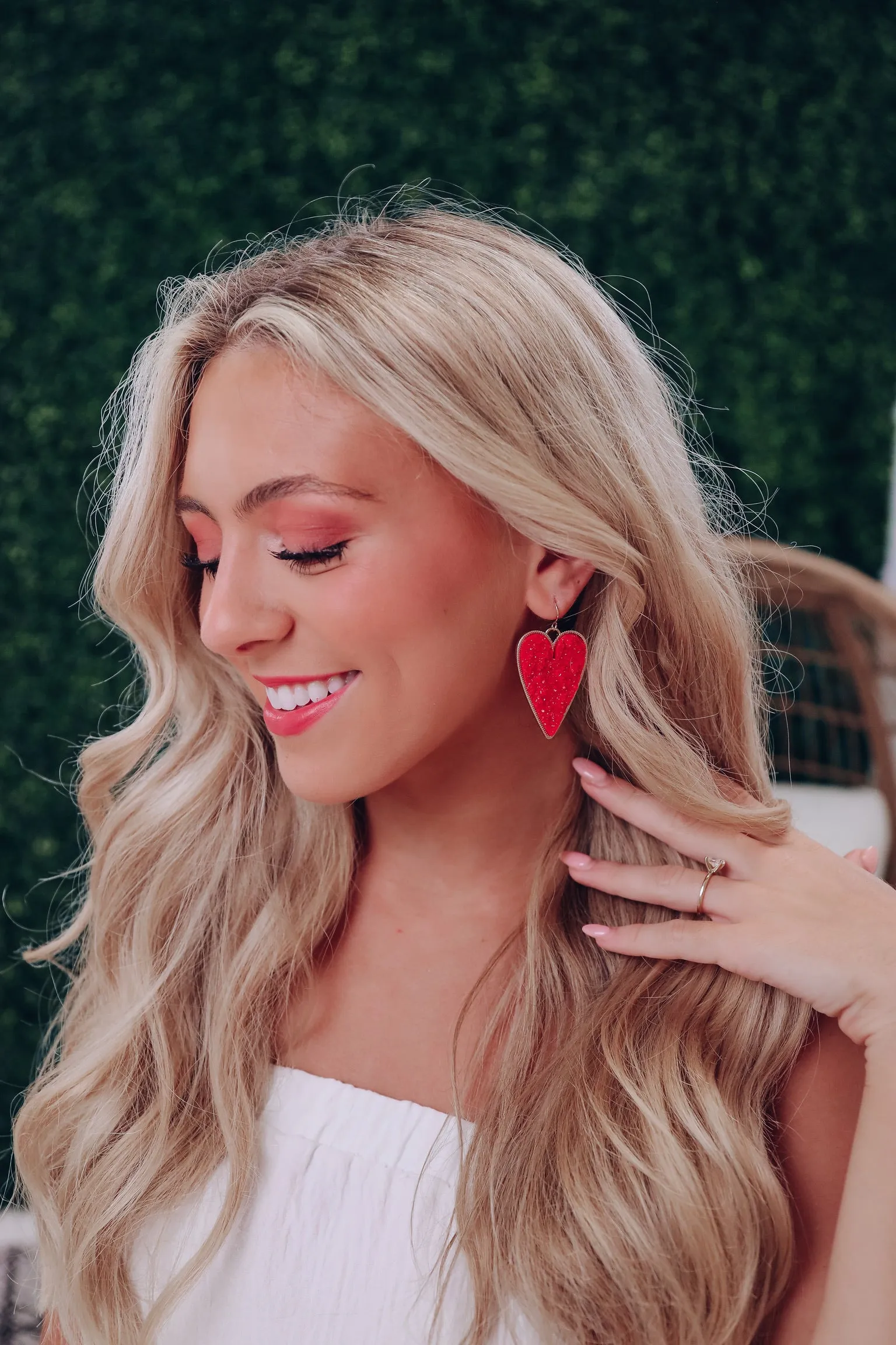 Heart Shaped Sparkle Dangle Earring - Red