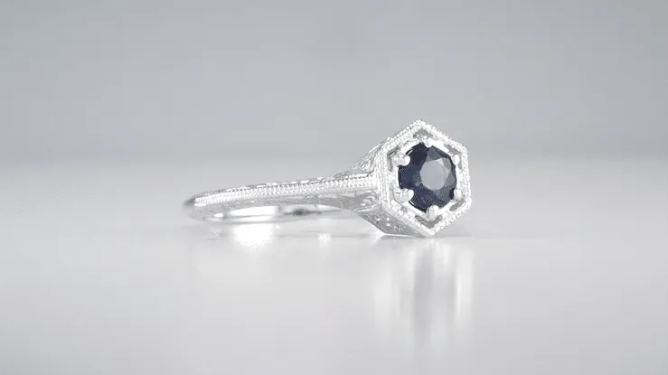 Hexagon Art Deco Filigree Blue Sapphire Engagement Ring in 14 Karat White Gold