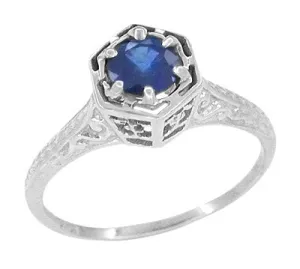 Hexagon Art Deco Filigree Blue Sapphire Engagement Ring in 14 Karat White Gold