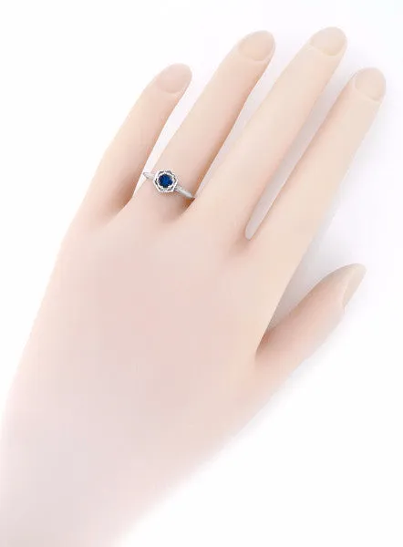 Hexagon Art Deco Filigree Blue Sapphire Engagement Ring in 14 Karat White Gold