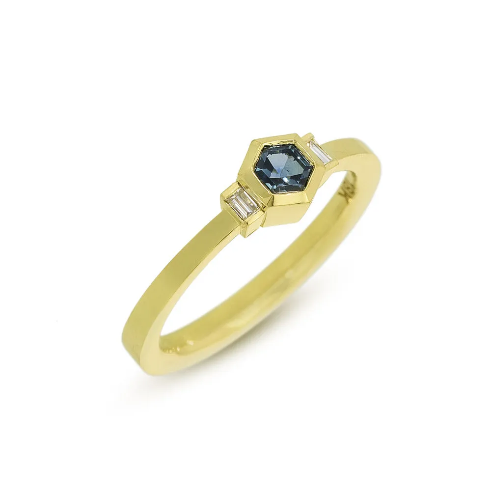 Hexagon Blue Sapphire 3 Stone Ring