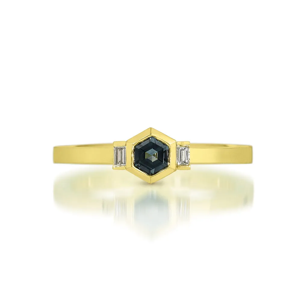 Hexagon Blue Sapphire 3 Stone Ring