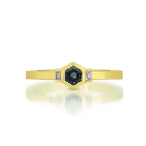 Hexagon Blue Sapphire 3 Stone Ring