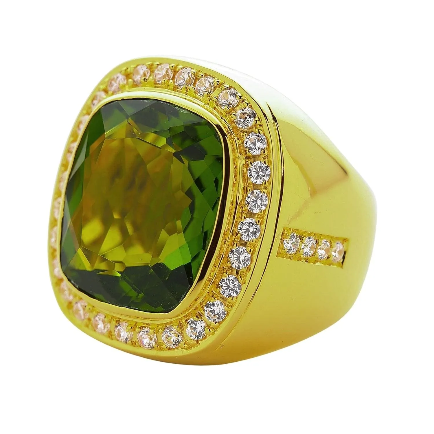 Huge Natural Green Peridot 14K Yellow Gold Men's Ring