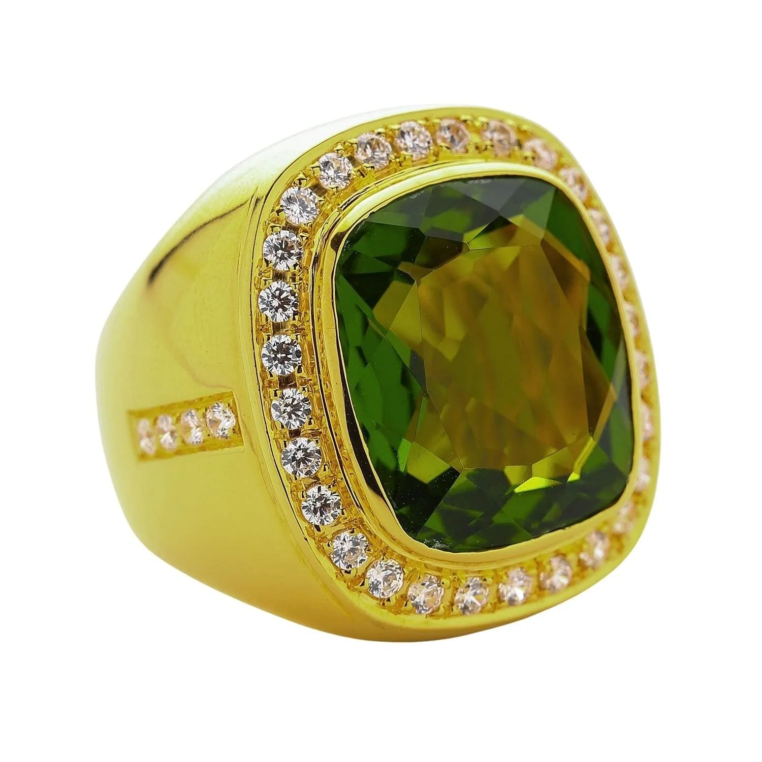 Huge Natural Green Peridot 14K Yellow Gold Men's Ring