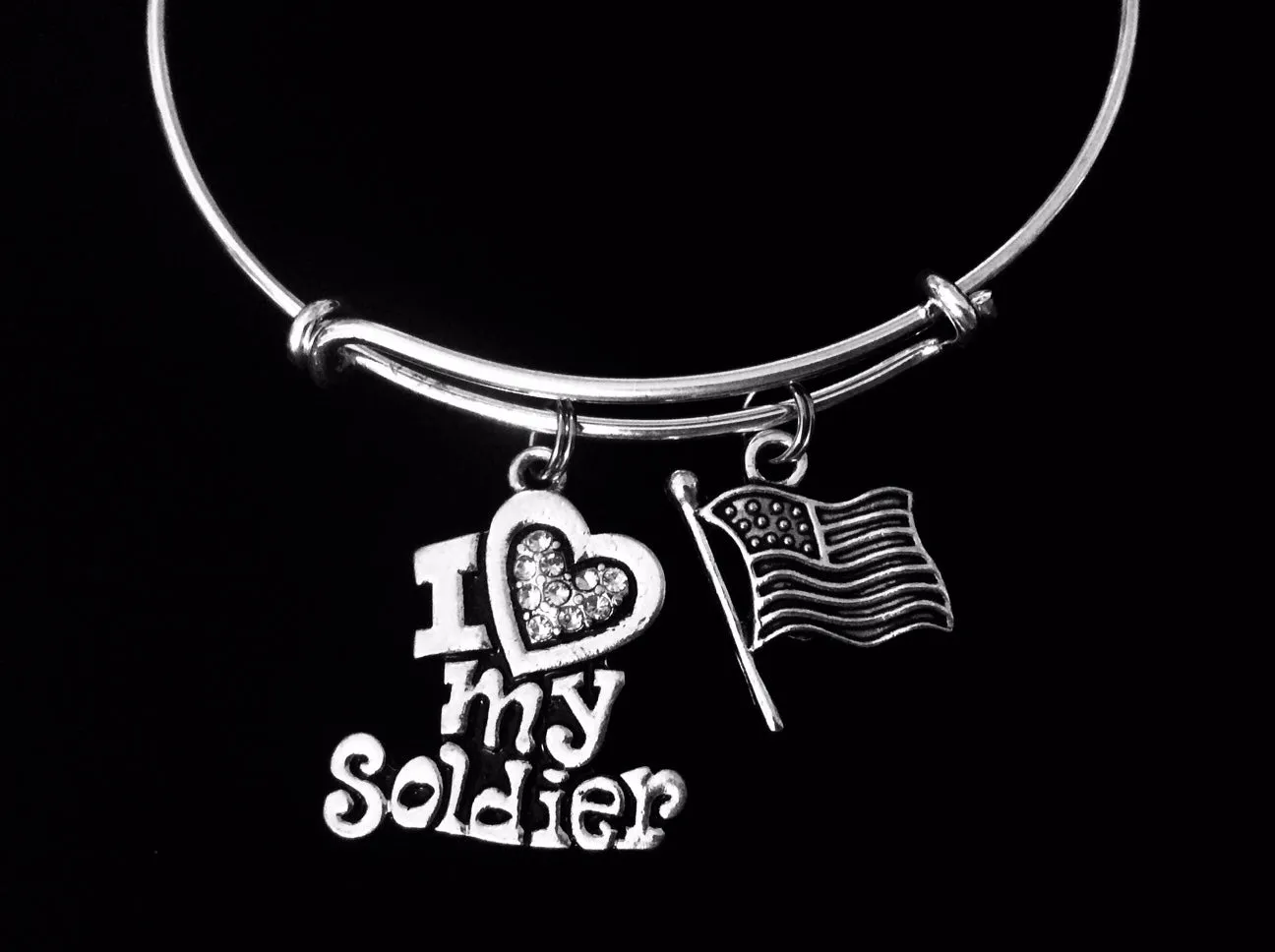 I Love My Soldier Jewerly Adjustable Bracelet Silver Expandable Charm Bracelet Bangle Flag USA Gift