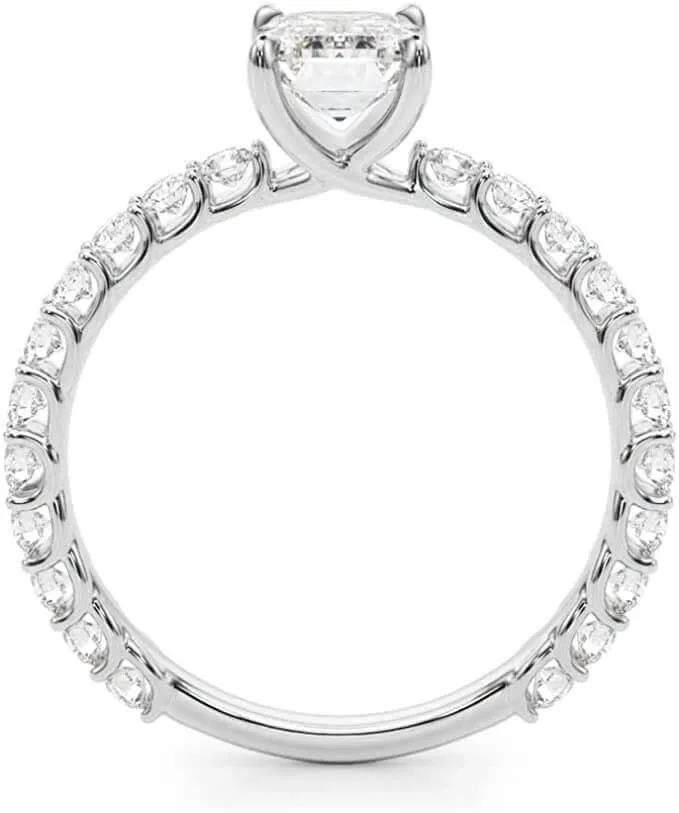 JewelMore 1.00 Carat CERTIFIED LAB GROWN DIAMONDS Classic Prong Set Emerald Cut and Round Diamond Engagement Rings G-H Color SI1-SI2 Clarity 1/3Ct Center)