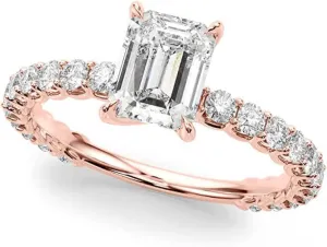 JewelMore 1.00 Carat CERTIFIED LAB GROWN DIAMONDS Classic Prong Set Emerald Cut and Round Diamond Engagement Rings G-H Color SI1-SI2 Clarity 1/3Ct Center)