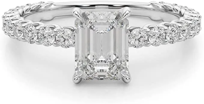 JewelMore 1.00 Carat CERTIFIED LAB GROWN DIAMONDS Classic Prong Set Emerald Cut and Round Diamond Engagement Rings G-H Color SI1-SI2 Clarity 1/3Ct Center)