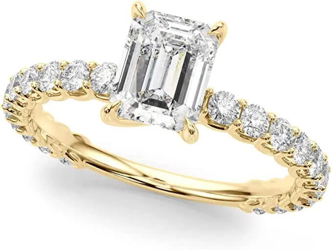 JewelMore 1.00 Carat CERTIFIED LAB GROWN DIAMONDS Classic Prong Set Emerald Cut and Round Diamond Engagement Rings G-H Color SI1-SI2 Clarity 1/3Ct Center)