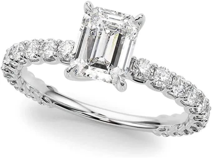 JewelMore 1.00 Carat CERTIFIED LAB GROWN DIAMONDS Classic Prong Set Emerald Cut and Round Diamond Engagement Rings G-H Color SI1-SI2 Clarity 1/3Ct Center)