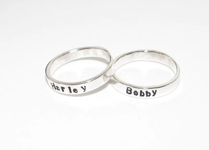 kids name stacking rings, silver stacking rings , Mother's stacking name rings, hand stamped personalized jewelry, handstamped jewelry