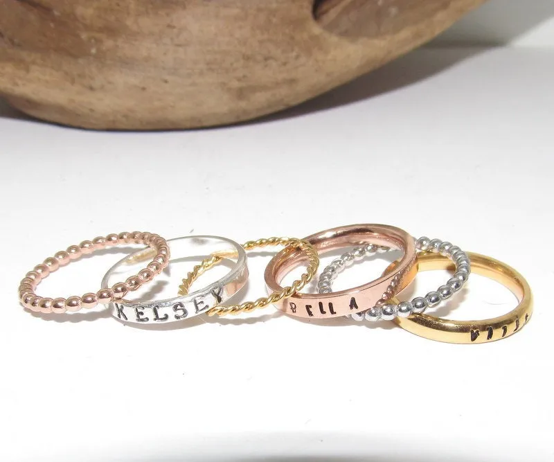 kids name stacking rings, silver stacking rings , Mother's stacking name rings, hand stamped personalized jewelry, handstamped jewelry