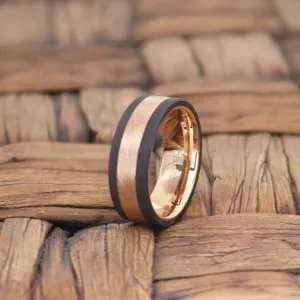 KIHO Men's Black Tungsten Wedding Band with Rose Gold Inlaid Center & Inside - 8MM