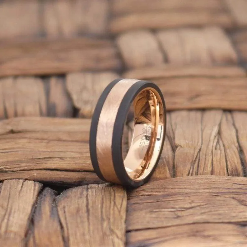 KIHO Men's Black Tungsten Wedding Band with Rose Gold Inlaid Center & Inside - 8MM