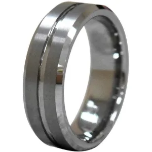 Kinsey Men's Tungsten Wedding Band With Brushed Grooved Center and Beveled Edges 8mm