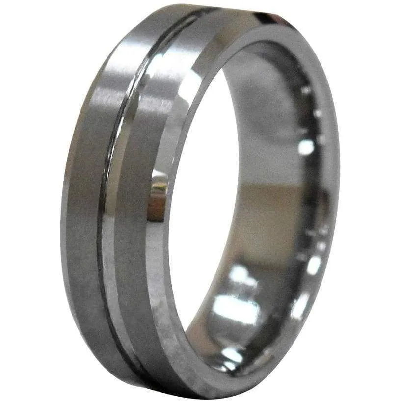 Kinsey Men's Tungsten Wedding Band With Brushed Grooved Center and Beveled Edges 8mm