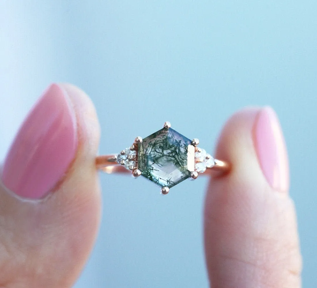 Klara Hexagon Moss Agate Ring With Diamonds