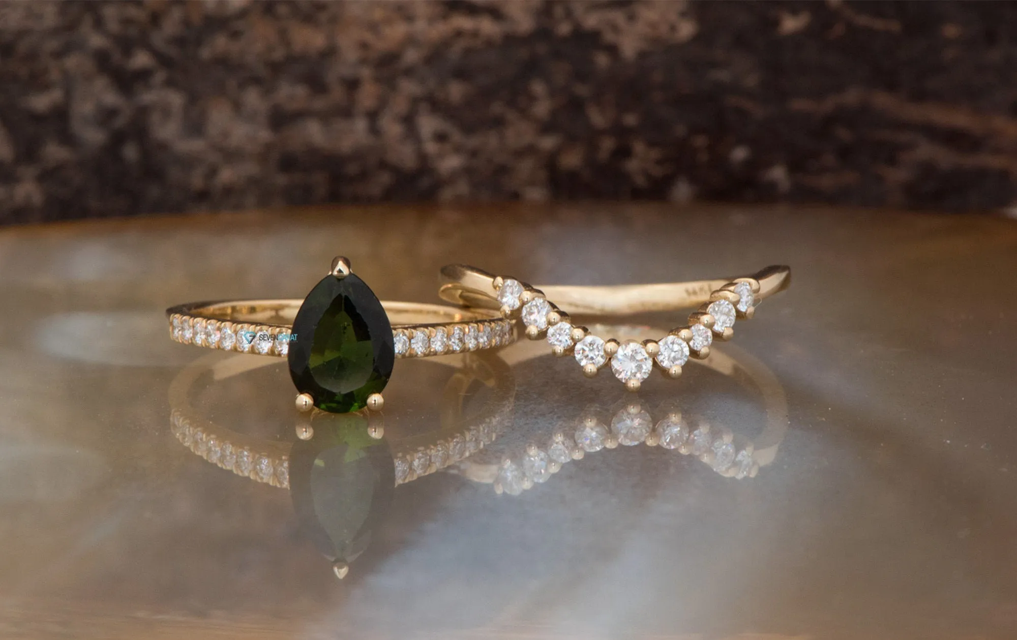 Lace Bridal set rings yellow gold-Tourmaline engagement ring-Tourmaline ring-Pear shape tourmaline promised ring