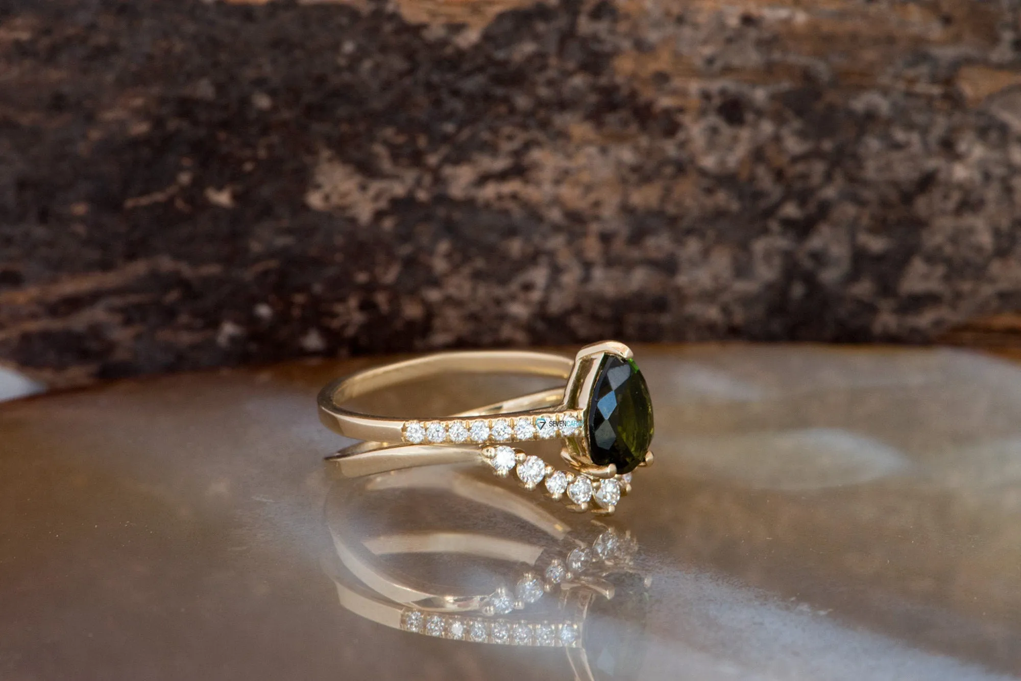 Lace Bridal set rings yellow gold-Tourmaline engagement ring-Tourmaline ring-Pear shape tourmaline promised ring
