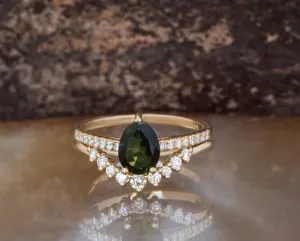 Lace Bridal set rings yellow gold-Tourmaline engagement ring-Tourmaline ring-Pear shape tourmaline promised ring