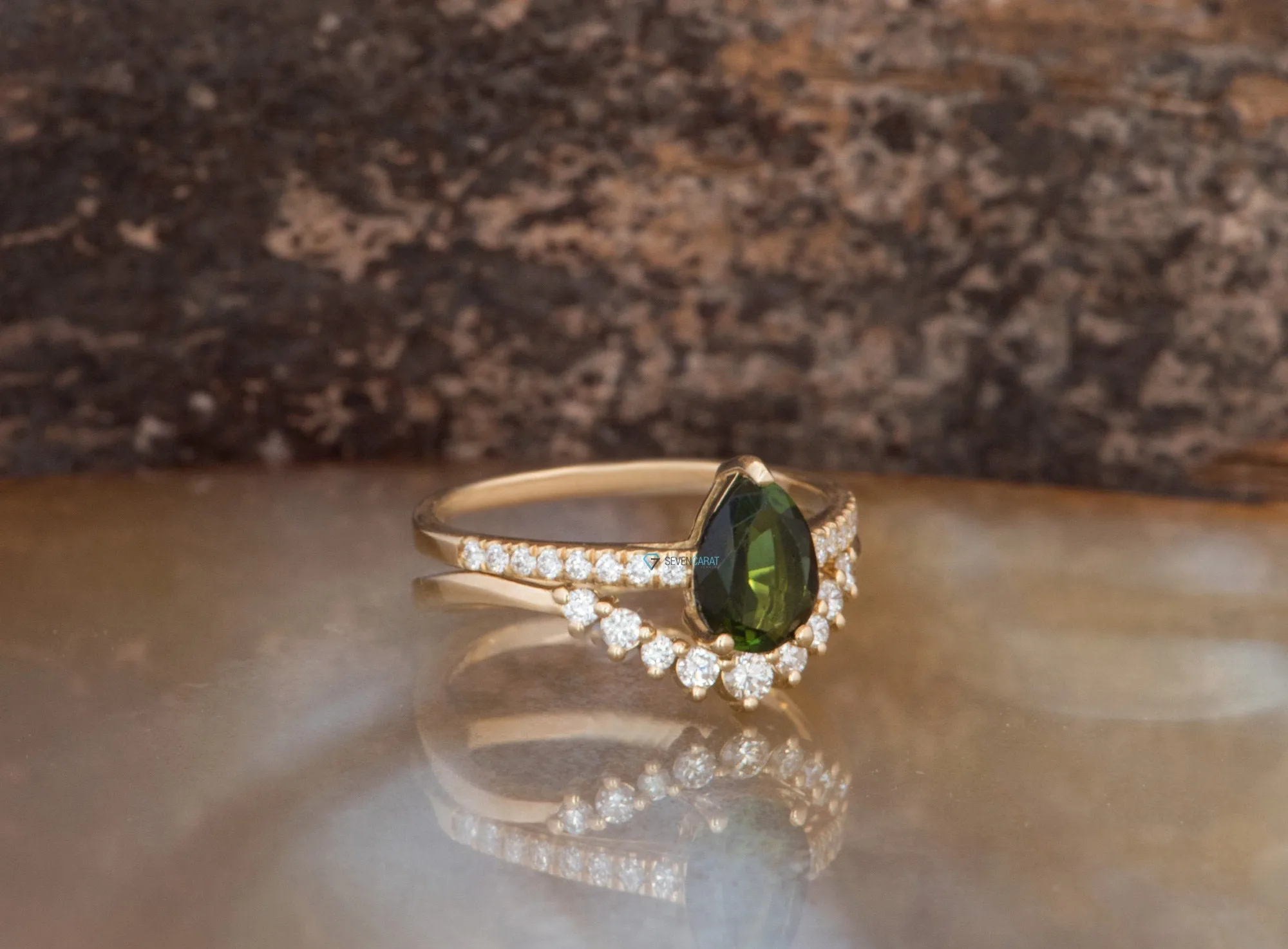 Lace Bridal set rings yellow gold-Tourmaline engagement ring-Tourmaline ring-Pear shape tourmaline promised ring