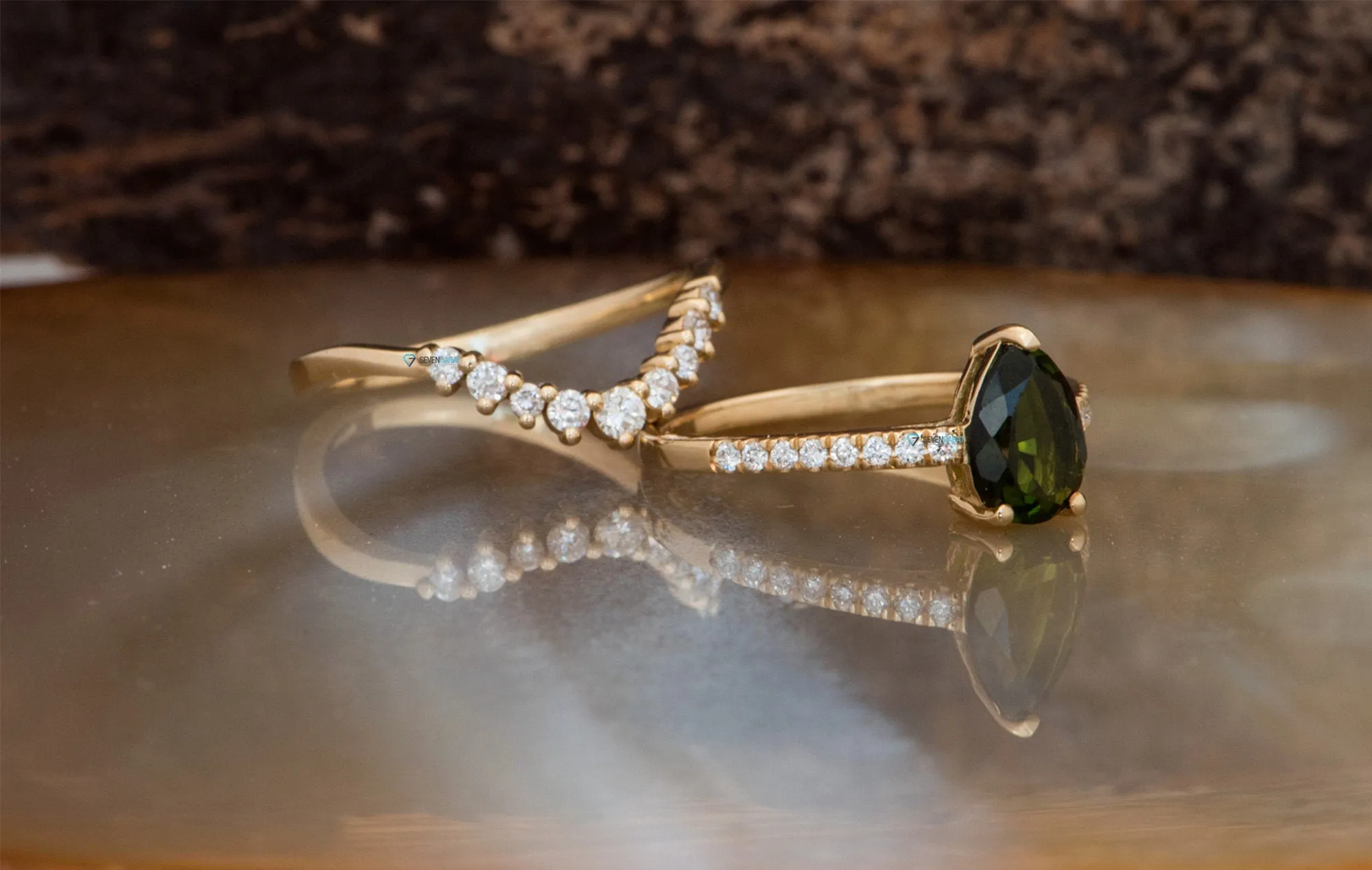 Lace Bridal set rings yellow gold-Tourmaline engagement ring-Tourmaline ring-Pear shape tourmaline promised ring