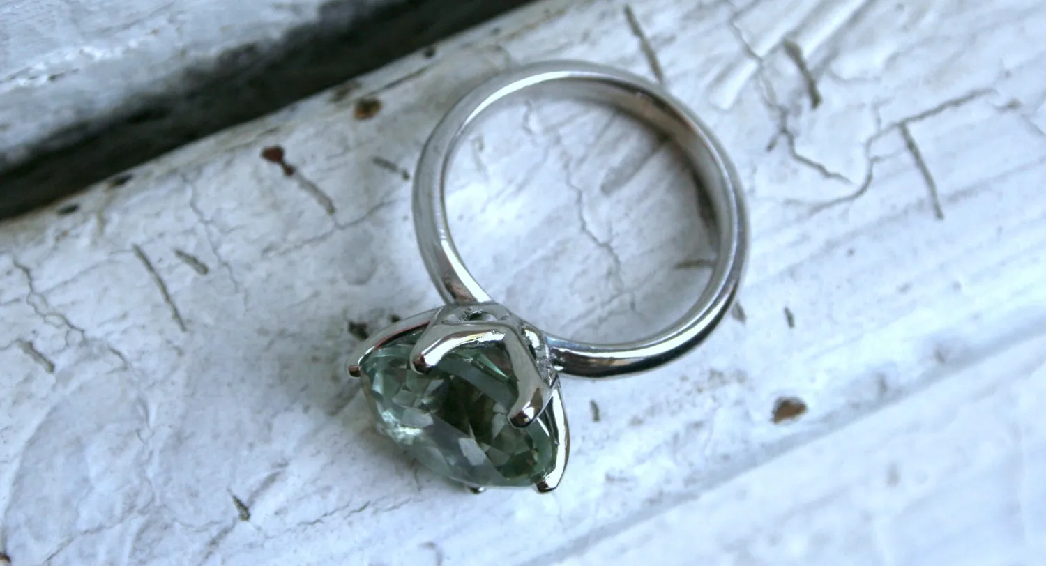 Large Green Amethyst Solitaire in 14K White Gold - 7.35ctw