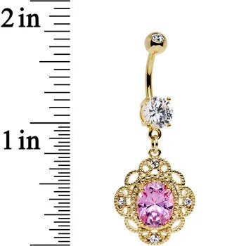 Large Pink CZ Clear Gold Plated Ornate Framework Dangle Belly Ring