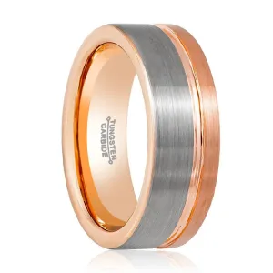 LEONEL | Rose Gold Tungsten Ring, Silver Brushed, Rose Gold Groove