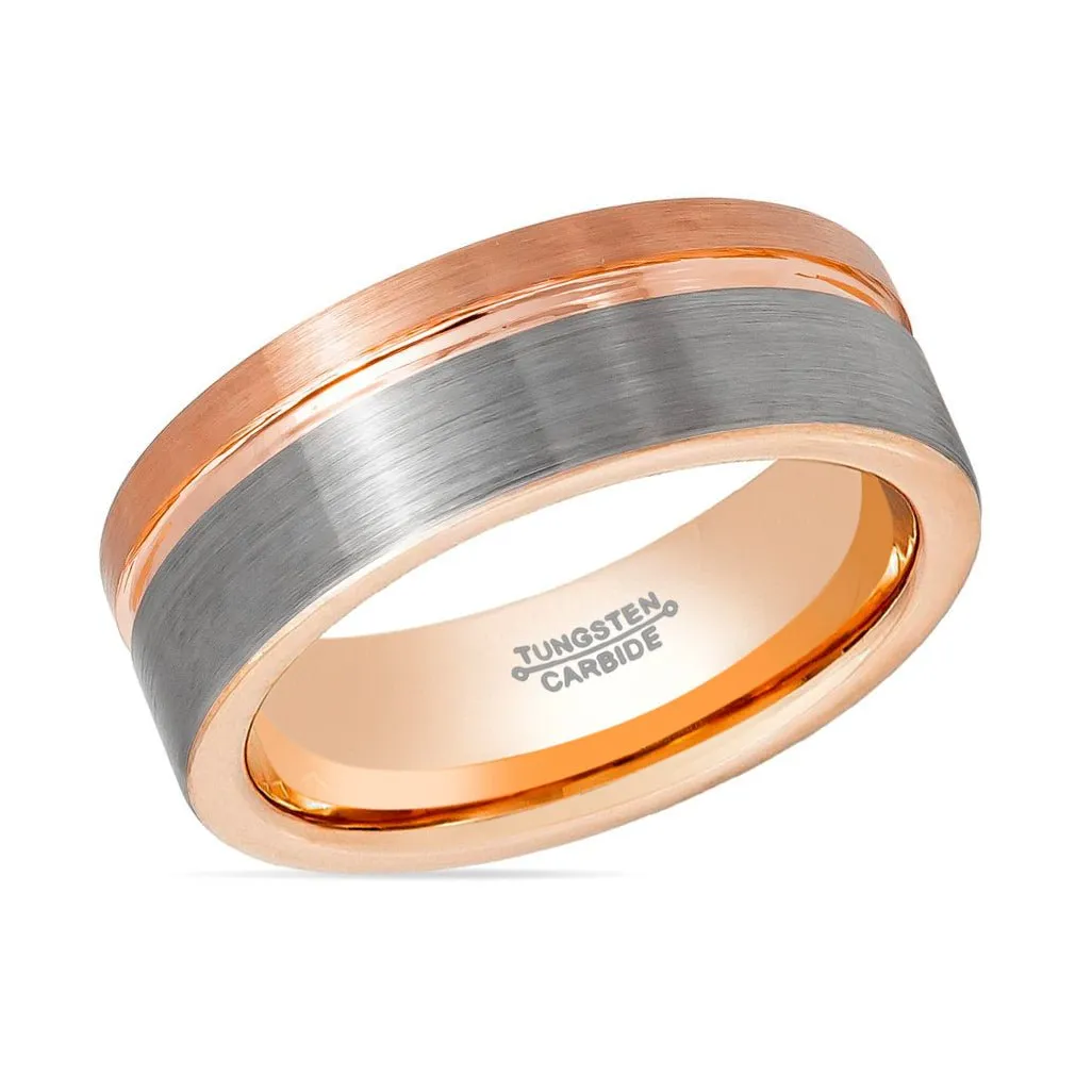 LEONEL | Rose Gold Tungsten Ring, Silver Brushed, Rose Gold Groove
